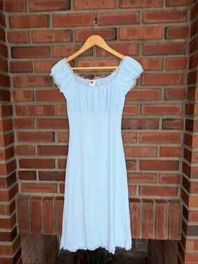 Y2K size small like new coquette Light Blue Off-Shoulder Midi Dress lettuce trim
